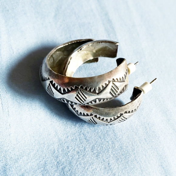 Vintage Jewelry - Vintage Navajo Stampwork Silver Hoop Earrings
